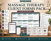 A desktop computer displays a grid of 10 massage therapy client forms, with a tablet showing a verified tasks form and various printed forms on the right.