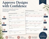 A promotional image showcasing design approval and thread color forms with text about confirming artwork details.