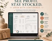 A laptop screen shows a profit and inventory overview with financial charts alongside gift packages and twine.