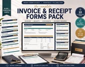 A desktop setup with a monitor displaying an invoice form, surrounded by stacks of printed forms, a calculator, and a notebook.