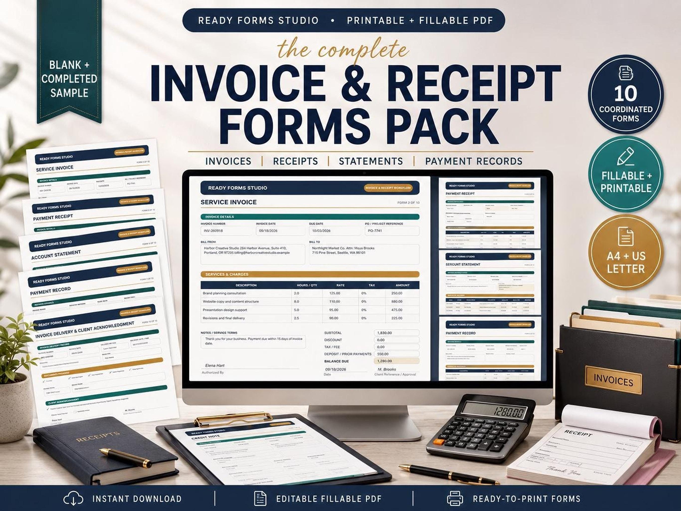 A desktop setup with a monitor displaying an invoice form, surrounded by stacks of printed forms, a calculator, and a notebook.