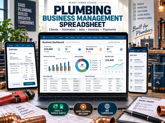 Plumbing Business Management Spreadsheet | Client CRM, Estimates, Invoices, Profit Dashboard (Excel + Google Sheets)