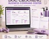 A laptop displaying a "Dog Grooming Command Center" dashboard, surrounded by grooming tools like a purple brush, towel, and shampoo bottles.