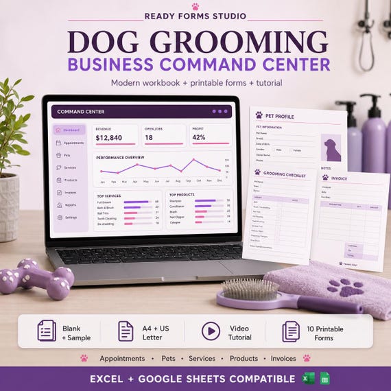 Dog Grooming Business Spreadsheet | Pet CRM, Appointment Tracker, Pricing Calculator, Inventory, Invoice & Dashboard