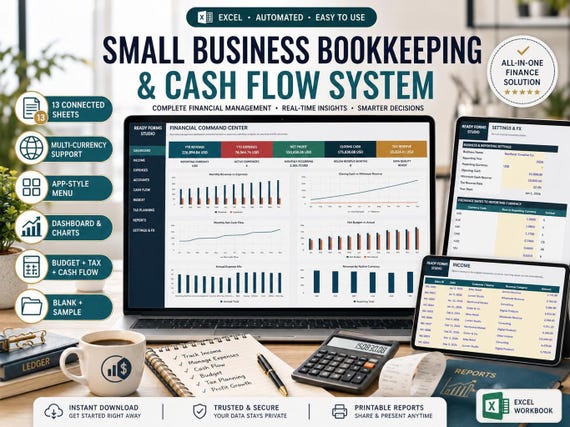 Small Business Bookkeeping Spreadsheet in Excel: Income, Expenses, Profit and Loss, Cash Flow and Finance Dashboard  (Excel)