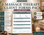 A tablet shows a SOAP notes form for massage therapy clients, with a candle, rolled towel, and amber bottles in the background.