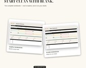 Two white screens, labeled "Sample Workbook" and "Blank Workbook," display similar spreadsheet layouts with project data.