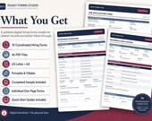 Three white forms: a Job Application Form, an Interview Scorecard, and a Reference Check Record, with text overlays describing the product's digital download features.