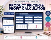 A desktop setup with a monitor displaying a "Product Pricing & Profit Calculator" spreadsheet, a tablet showing a "Product Cost & Price Register," and a phone displaying a blank sheet, all on a white desk with a plant and pens.