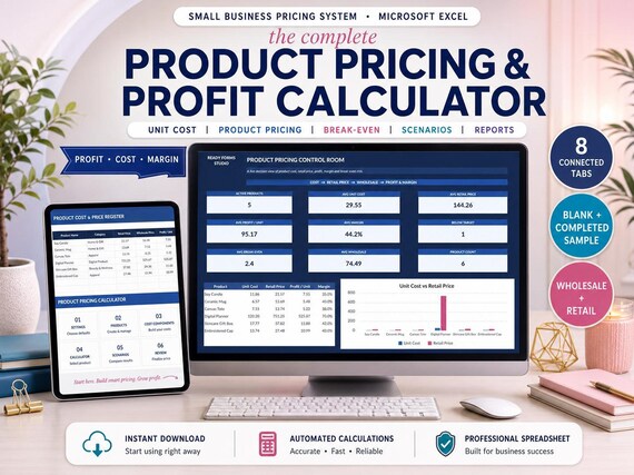 Product Pricing Calculator in Excel for Small Business: Cost, Profit Margin, Markup, Wholesale & Retail Price Spreadsheet