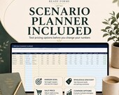 A laptop displays a pricing scenario planner spreadsheet with options to test discounts and retail prices.