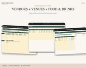 Three laptop screens display spreadsheets for vendor choice, venue comparison, and food and drinks planning.