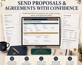A computer screen shows a proposal and contract forms pack alongside printed document templates and a gold pen.