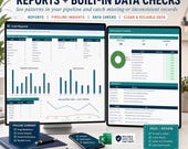 A laptop and tablet display reports and data checks from a lead and follow-up tracker, including pipeline summary and data quality checks.