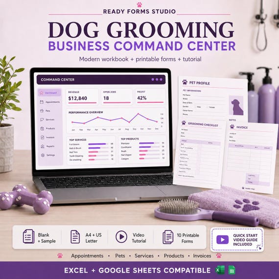 Dog Grooming Business Spreadsheet | Pet CRM, Appointment Tracker, Pricing Calculator, Inventory, Invoice & Dashboard
