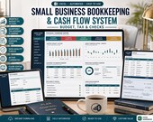 A laptop displays a budget, tax, and checks dashboard with charts and tables, with a tablet showing tax planning, and a coffee mug and books on the desk.