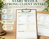 A clipboard holds a Client & Property Intake form, next to a Lawn Care Estimate Worksheet and Daily Route Sheet, on a light wooden surface.