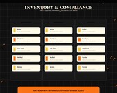 A screen displaying three columns labeled "Inventory," "Renewals," and "Alerts," each containing three rectangular buttons with text like "Due Soon," "Low Stock," and "Verified."