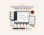 A laptop, phone, and tablet display an appointment scheduler and mileage tracker spreadsheet with maps and data, with feature descriptions below.