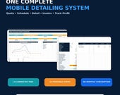Two digital spreadsheets, one showing a business dashboard and the other a quote calculator, with text 'ONE COMPLETE MOBILE DETAILING SYSTEM'.