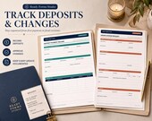 Two white business forms, titled "Deposit Payment Record" and "Order Change Request," are shown on a light wood surface with a pen and a small receipt.