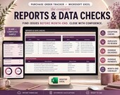 A desktop monitor displays an Excel spreadsheet titled "Reports & Data Checks," with a tablet and phone showing different views of the same report, on a desk with office supplies.