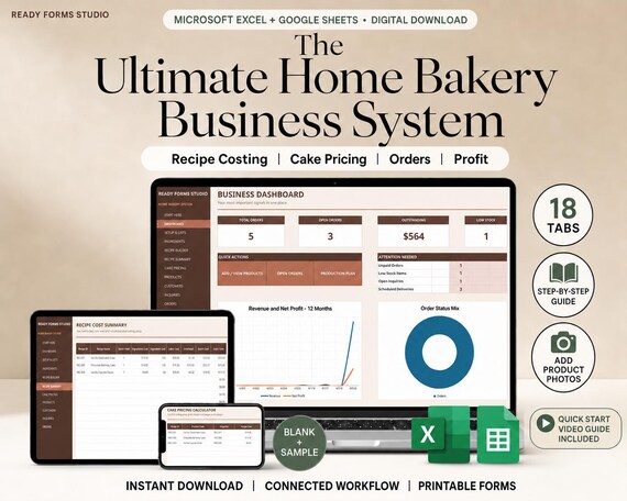 Home Bakery Business Spreadsheet, Recipe Cost Calculator, Cake Pricing, Order & Profit Tracker Excel