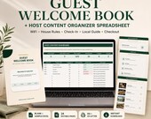 A laptop displays a spreadsheet, a welcome book, and four smaller screens showing various pages of the welcome book, all on a light gray background.