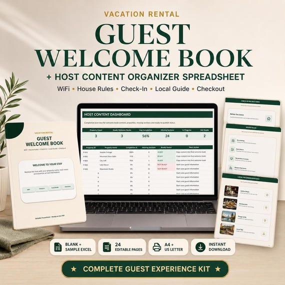 Vacation Rental Welcome Book Template | Editable Airbnb WiFi, House Rules, Check-In, Local Guide, Checkout + Spreadsheet