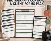 A flat lay shows a camera, lenses, film, and a clipboard with a "Model Release Form (Adult)" form, with a laptop displaying an "Image Use Authorization" form.