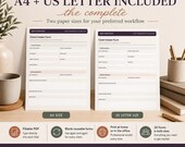 Two printed client intake forms, one labeled A4 Size and the other US Letter Size, are displayed on a desk with a mug and a pen.