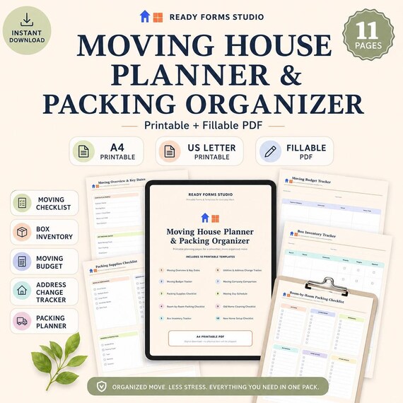 Listing cover image displaying the title Moving House Planner and Packing Organizer with sample planner pages laid out on a surface.