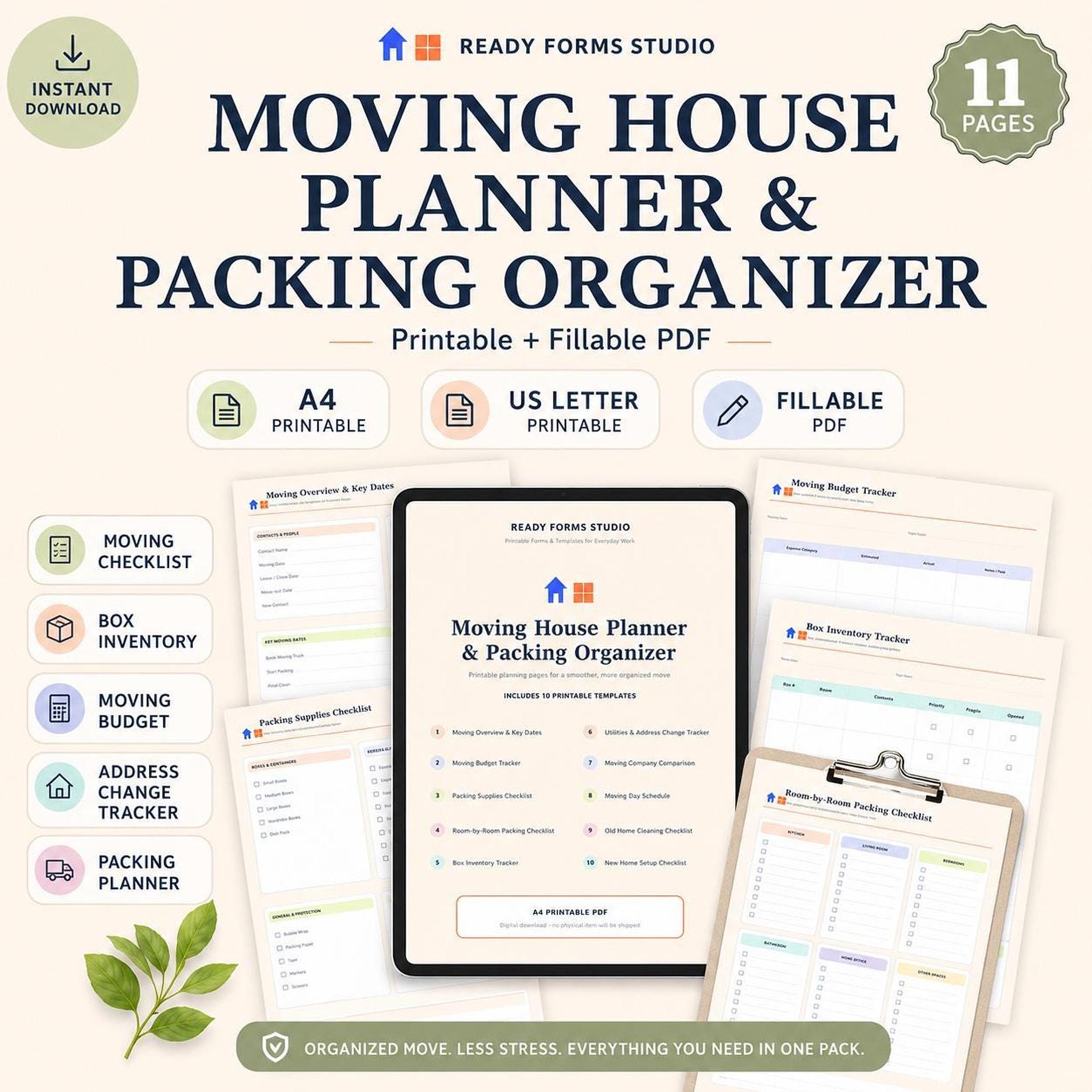 Listing cover image displaying the title Moving House Planner and Packing Organizer with sample planner pages laid out on a surface.