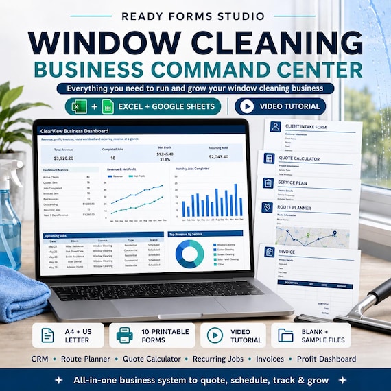 Window Cleaning Business Spreadsheet | Client CRM, Quotes, Invoices & Profit Tracking (Excel)