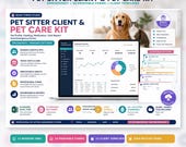 A digital product graphic shows a cat and dog above text that reads "Pet Sitter Spreadsheet + 10 Printable Forms + Client Templates" with various features listed below.