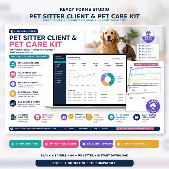 Pet Sitter Business Management Kit, Excel & Google Sheets Tracker with Client, Pet, Booking