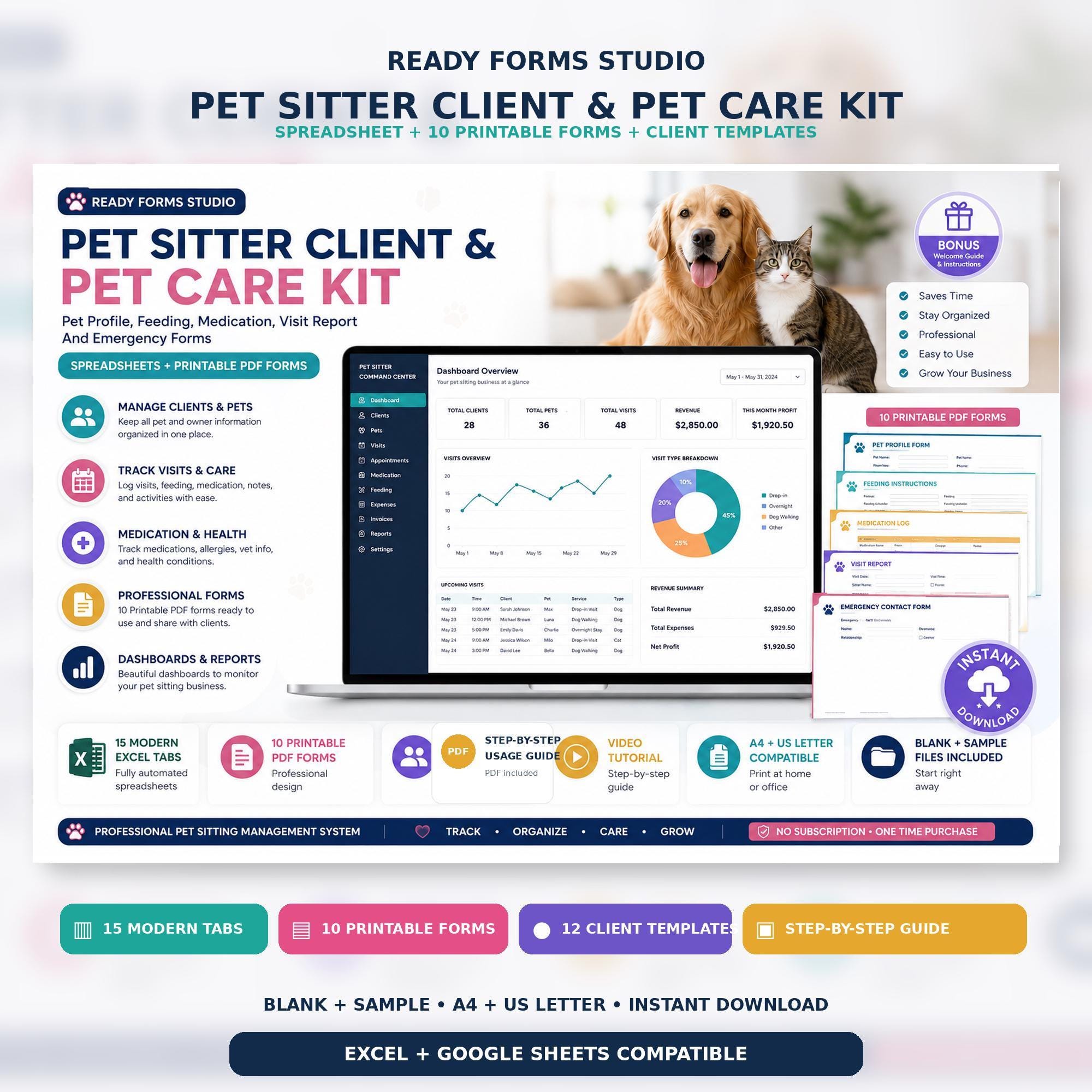 A digital product graphic shows a cat and dog above text that reads "Pet Sitter Spreadsheet + 10 Printable Forms + Client Templates" with various features listed below.