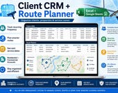 A laptop displays a "Client CRM + Route Planner" showing client information and a map with colored routes, surrounded by text highlighting features like "Track Recurring Frequency" and "Plan Smarter Routes."