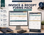 A desktop setup with a monitor displaying payment and deposit receipt forms, surrounded by printed forms, a calculator, and a notebook.