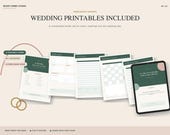 A collection of printable wedding documents and a tablet displaying a wedding command center spreadsheet are shown.