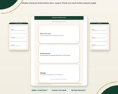 A white welcome book page with green accents displays sections for Checkout Instructions, Simple Requests, and a message area.