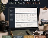 A laptop displaying a shoot workflow, editing, and delivery tracker spreadsheet, with a camera and session plan forms on the desk.