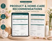 A desktop monitor and tablet display a "Product & Home-Care Recommendations" form, with skincare bottles, a candle, and a jade roller on a counter.