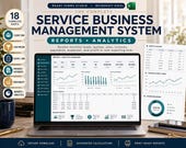 A laptop displays a reports and analytics dashboard with monthly summaries, revenue trends, and income breakdowns, with text overlays.