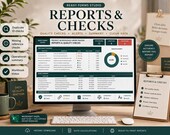 A laptop displays a "Reports & Checks" spreadsheet with data quality and issue summaries, next to a mug and a clipboard.