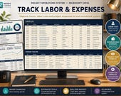 A laptop screen displays an Excel spreadsheet with sections for "Labor Cost Summary" and "Expense Tracker," showing tables and charts.