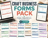 A digital display of a craft business forms pack featuring order forms, invoices, and templates on a laptop, tablet, and printed pages.