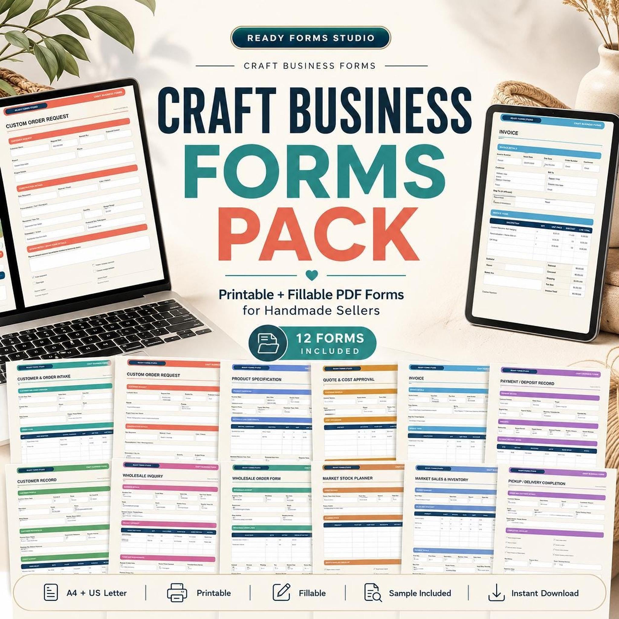 A digital display of a craft business forms pack featuring order forms, invoices, and templates on a laptop, tablet, and printed pages.