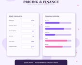 A digital screen titled "Pricing & Finance" shows a "Smart Calculator" for quotes and a "Financial Overview" with revenue, payments, expenses, profit, and margin bars.