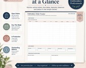A preview of the embroidery order tracker form accompanied by icons and text explaining active job monitoring features.
